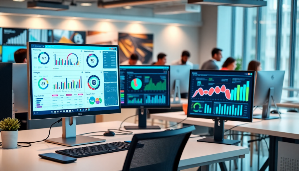 Modern office with multiple screens displaying automated marketing reports, highlighting NinjaCat alternative and agency reporting automation tools.