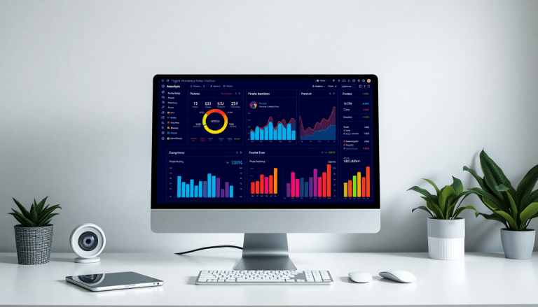 Automated KPI reporting dashboard displaying real-time performance analytics, featuring AI analytics for marketing insights and digital campaign KPI tracking on a desktop computer.