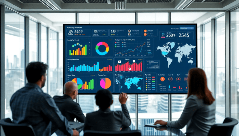 Multi-channel analytics dashboard featuring cross-channel marketing analytics, performance tracking, and campaign performance visualization in a meeting setting.