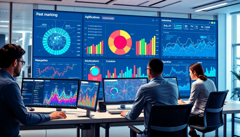 AI data visualization tool for marketing teams showcasing automated dashboard creation, marketing analytics automation, cross-channel performance tracking, and ROI tracking dashboard in a modern office setting with a focus on TapClicks AI platform for campaign performance insights and client analytics automation.
