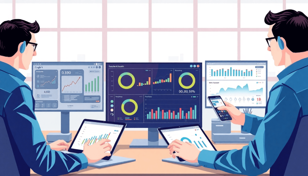 "Performance marketing reporting software displaying automated campaign reporting, performance analytics tool, ad spend optimization dashboard, ROAS tracking platform, and conversion rate analytics with digital advertising insights and cross-channel campaign tracking on multiple screens for performance marketing automation and paid media dashboard analysis."