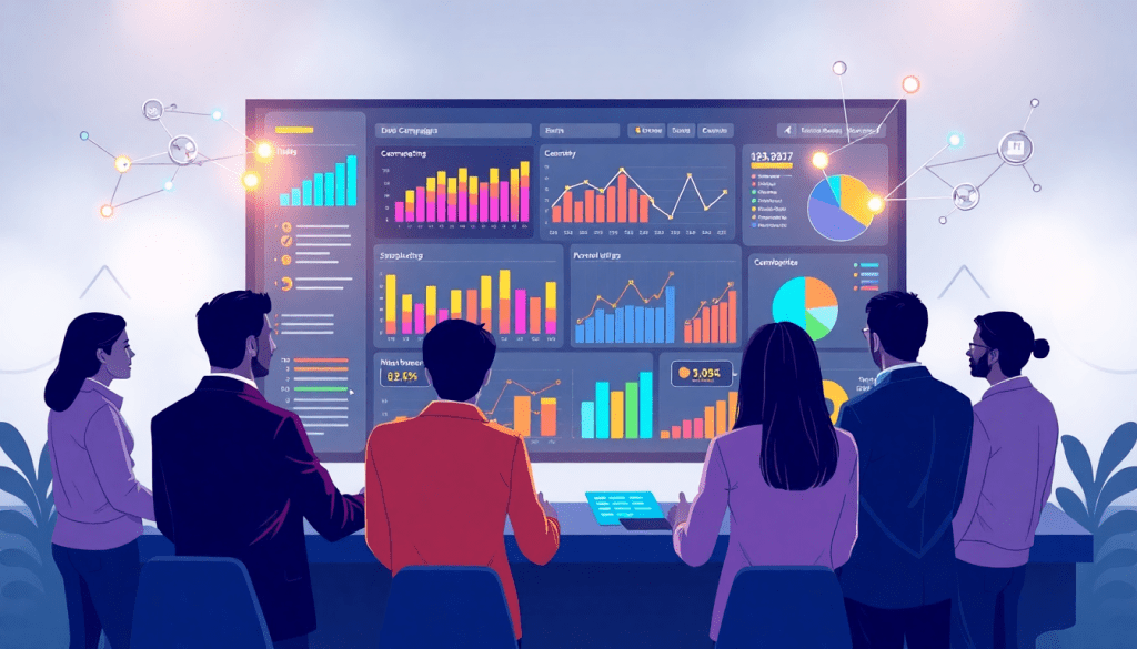 Marketing team using an AI data visualization tool for automated marketing analytics and AI-powered dashboards, showcasing cross-channel visualization, campaign performance insights, interactive data reports, and real-time marketing metrics on a digital performance dashboard.