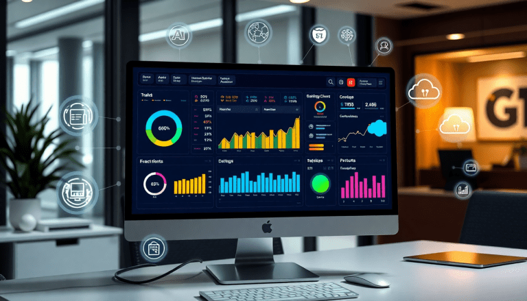 AI-powered marketing dashboard on a computer screen displaying real-time analytics, automated reporting workflows, multi-channel data aggregation, and campaign performance metrics in an office setting, representing marketing data centralization and report scheduling automation.