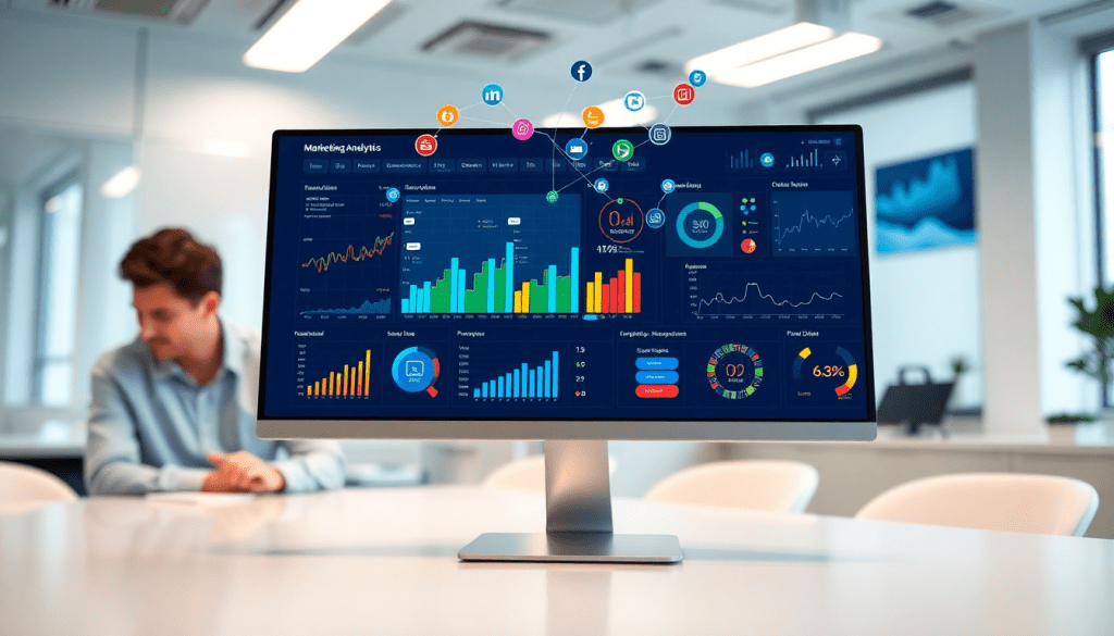 Marketing dashboard displaying automated reporting workflows, AI-powered dashboard creation, and real-time marketing analytics for multi-channel data aggregation, with TapClicks marketing dashboard in a professional office setting.