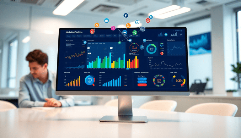 Marketing dashboard displaying automated reporting workflows, AI-powered dashboard creation, and real-time marketing analytics for multi-channel data aggregation, with TapClicks marketing dashboard in a professional office setting.