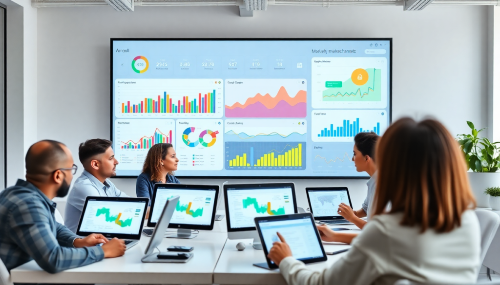 A team of professionals using a marketing analytics dashboard for automated performance reports and agency reporting automation, featuring client dashboard insights and cross-channel analytics on a TapClicks reporting platform, comparing Funnel.io for reporting automation in agencies and digital marketing data visualization with performance marketing KPIs displayed on screens.