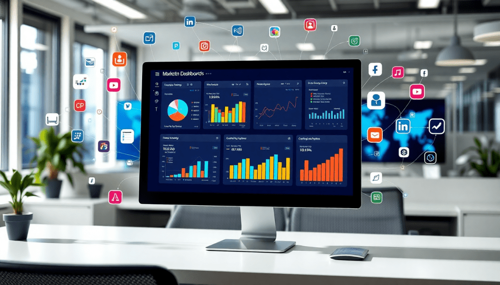 Marketing dashboard automation displaying digital marketing data visualization and cross-channel analytics for performance marketing KPIs.