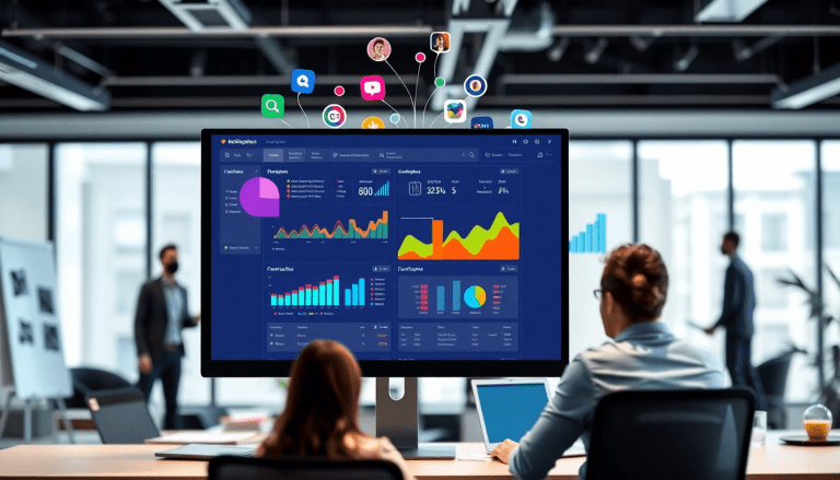 White-label marketing dashboard on screen in modern office, showcasing customizable client dashboards, automated data visualization, and performance tracking for agencies.