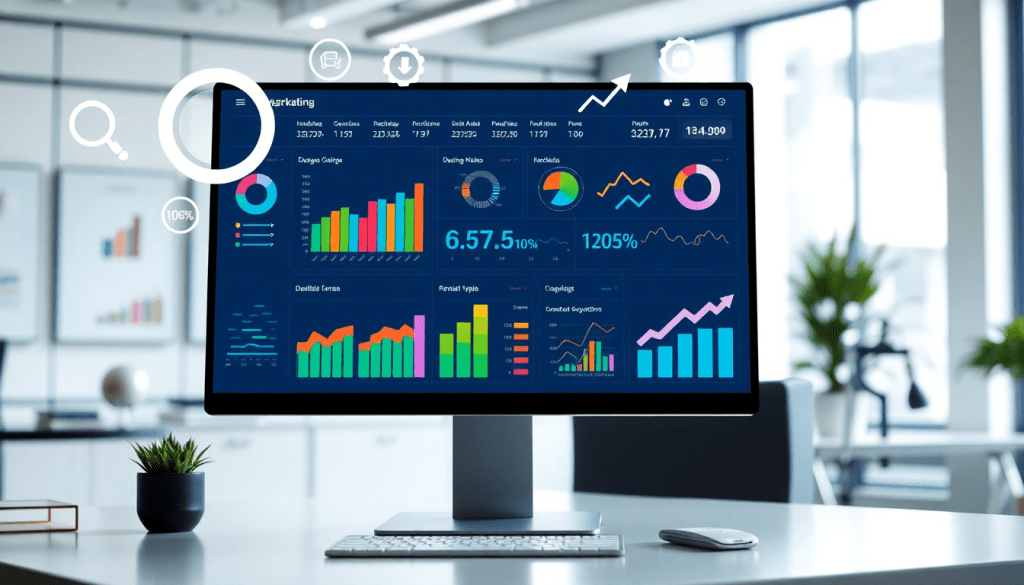 Digital marketing KPI dashboard featuring marketing metrics visualization, performance tracking, campaign monitoring, and cross-channel analytics with interactive performance metrics.