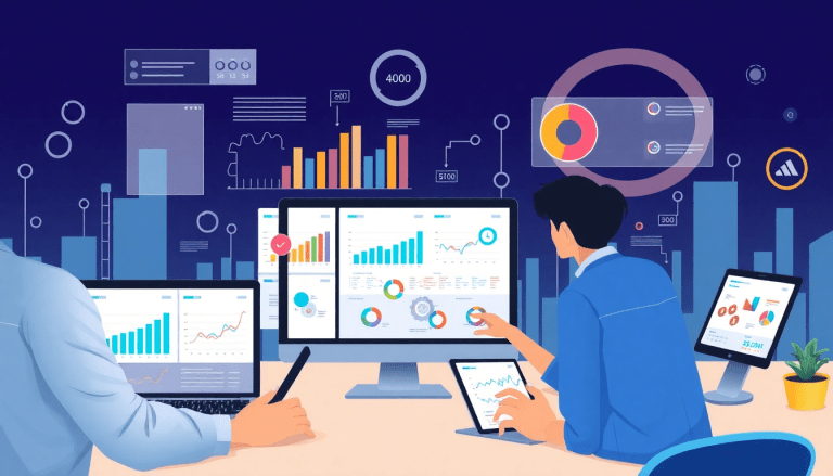 Performance marketing reporting software displayed on screens, featuring automated campaign reporting, performance analytics tool, and ad spend optimization dashboard for ROAS tracking and conversion rate analytics.
