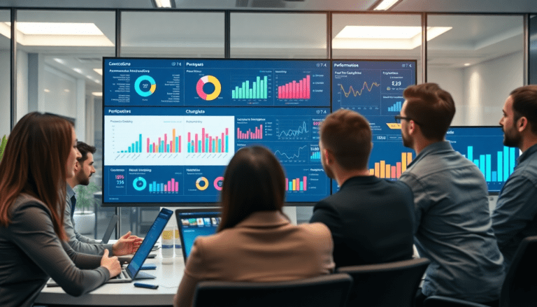 Team analyzing an automated KPI reporting dashboard displaying marketing metrics, real-time performance analytics, and ROI visualization.