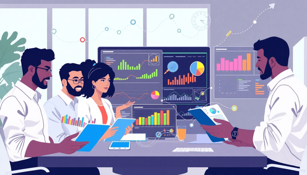 AI data visualization tool for marketing teams displaying automated marketing analytics, AI-powered dashboards, and campaign performance insights in a collaborative meeting setting.