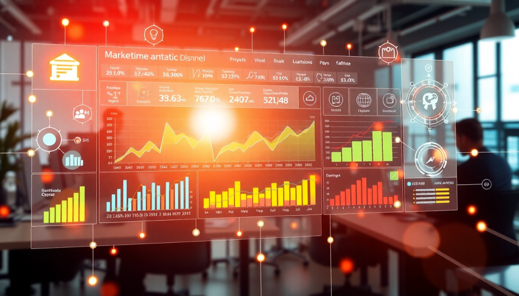 Automated KPI reporting dashboard showcasing real-time performance metrics, AI analytics, digital campaign KPI tracking, and ROI visualization in a marketing insights dashboard.