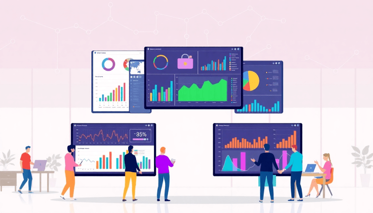 Illustration of people analyzing data on digital dashboards, representing a NinjaCat alternative and best NinjaCat competitors, featuring reporting software for agencies, cross-channel reporting tools, and agency reporting automation.