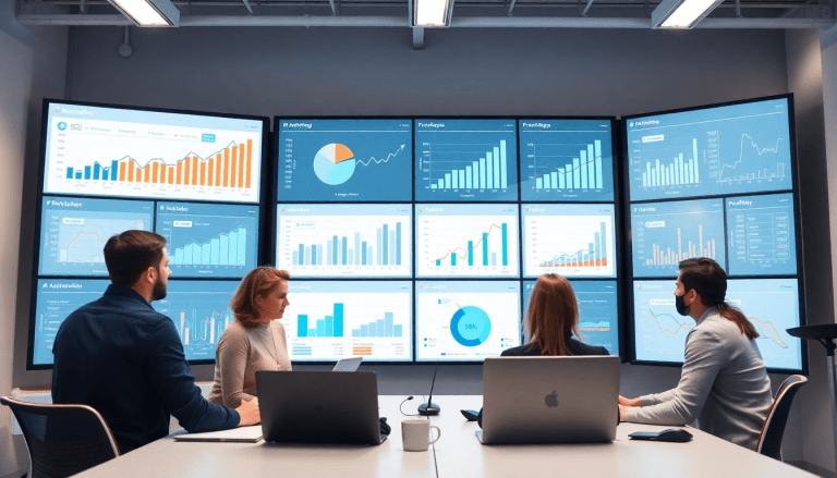 Multi-channel analytics dashboard displaying cross-channel marketing analytics and performance tracking, with a team analyzing marketing data aggregation and campaign performance visualization for integrated marketing metrics and automated marketing insights.