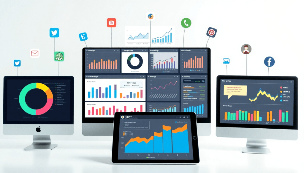Multi-channel analytics dashboard displaying cross-channel marketing analytics and campaign performance visualization, featuring integrated marketing metrics on multiple screens for automated marketing insights and ROI tracking.