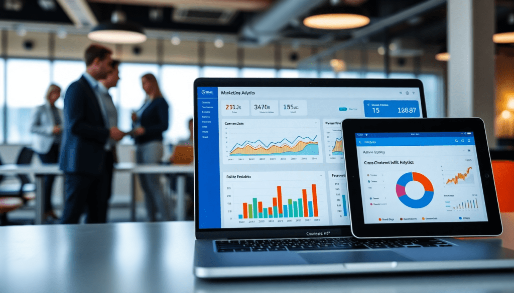 Digital marketing KPI dashboard showing marketing metrics visualization and performance tracking on computer screens in an office setting.