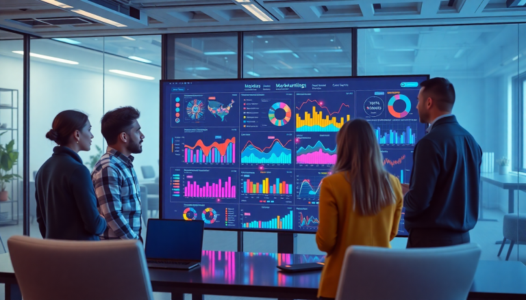 Marketing team viewing AI data visualization tool for marketing teams with AI-powered dashboards, automated marketing analytics, cross-channel visualization, and real-time marketing metrics displayed on a digital screen in a modern office setting.