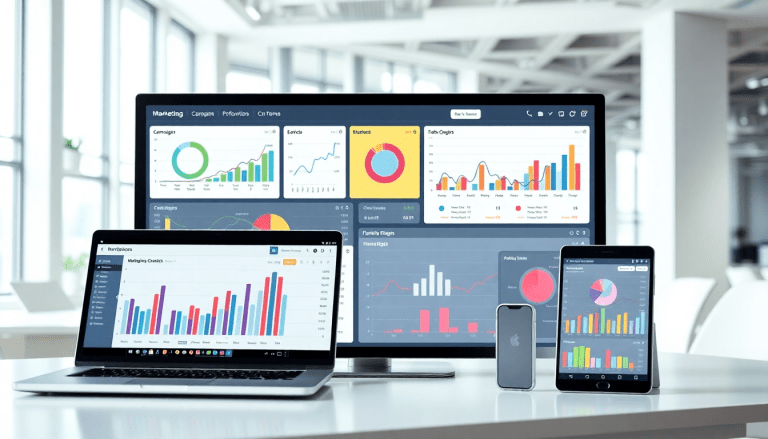 Multi-channel analytics dashboard displaying cross-channel marketing analytics on various devices for performance tracking and marketing data aggregation.