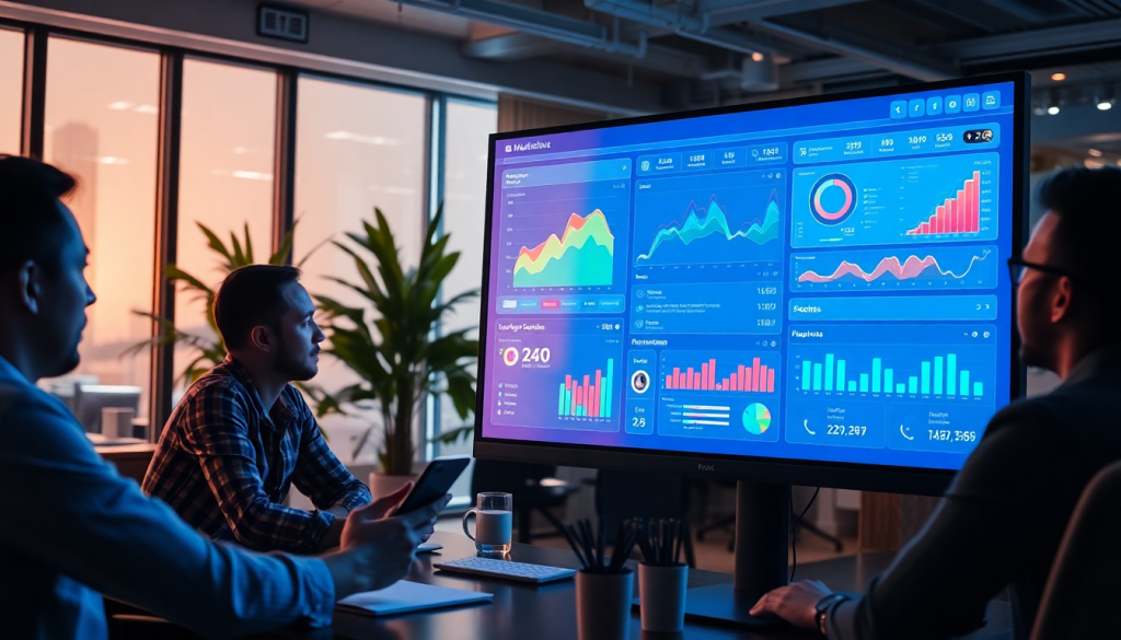 Digital marketing KPI dashboard featuring marketing metrics visualization, performance tracking, and campaign KPI monitoring on a large screen, with professionals analyzing automated KPI reports and cross-channel analytics for ROI tracking and digital campaign reporting.