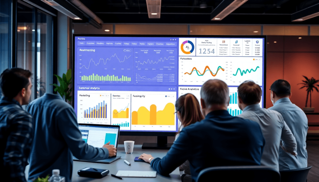 Digital marketing KPI dashboard showcasing marketing metrics visualization, performance tracking, and campaign KPI monitoring in an office setting with team collaboration.
