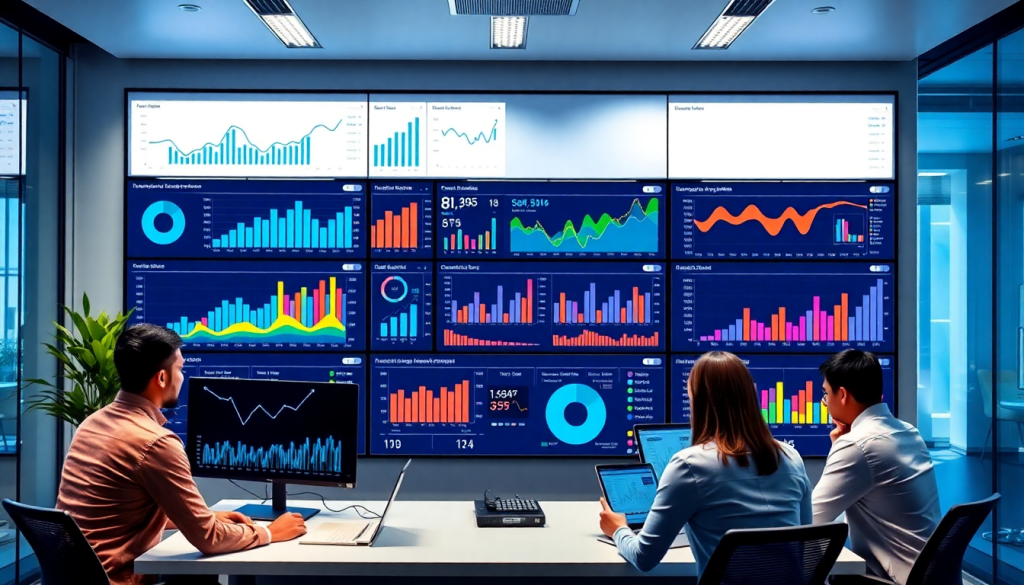 Multi-channel analytics dashboard displaying marketing data aggregation, performance tracking, and campaign visualization on multiple screens in a modern office setting.