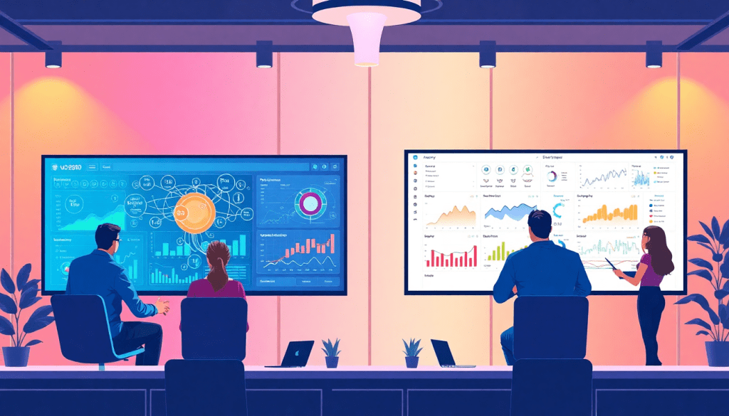 Team discussing data on dual screens showcasing NinjaCat alternative, highlighting best NinjaCat competitors and automated marketing reports in a client dashboard platform for agencies.