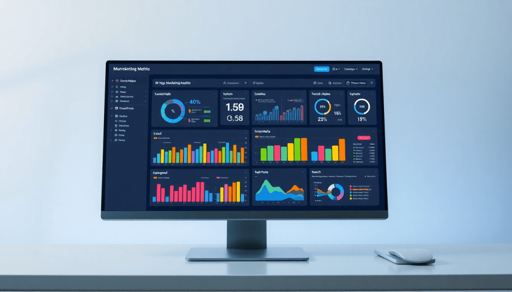 Multi-channel analytics dashboard displaying integrated marketing metrics, performance tracking, cross-channel marketing analytics, and automated marketing insights on a computer screen for campaign performance visualization and unified reporting.