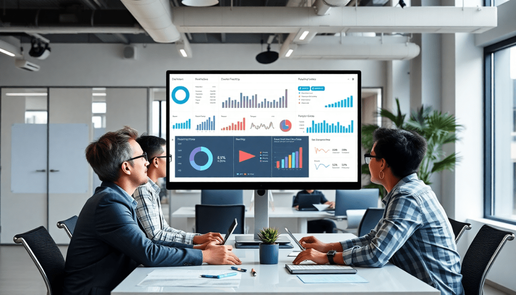 People analyzing performance marketing reporting software with an ad spend optimization dashboard and conversion rate analytics on a large monitor in a modern office setting.