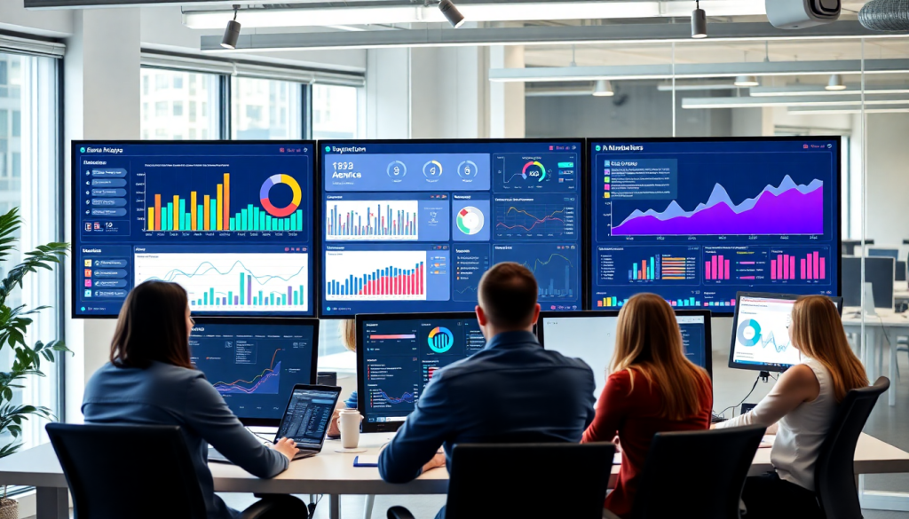 A team of professionals using a cross-channel reporting tool with dashboards displaying campaign performance tracking and automated marketing reports, highlighting a NinjaCat alternative and best practice in reporting software for agencies.