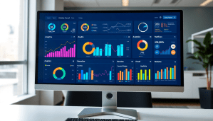 Multi-channel analytics dashboard displaying cross-channel marketing analytics, performance tracking graphs, marketing data aggregation, unified reporting, campaign performance visualization, and integrated marketing metrics in an office setting.