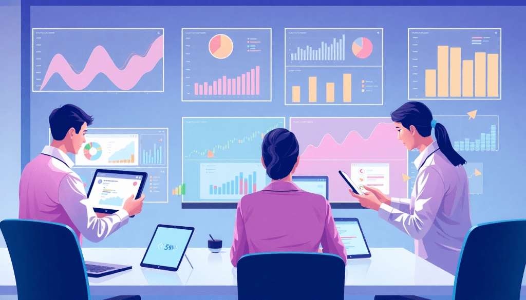 Professionals using a multi-device client dashboard platform for automated marketing reports, showcasing a cross-channel reporting tool and white-label analytics software.