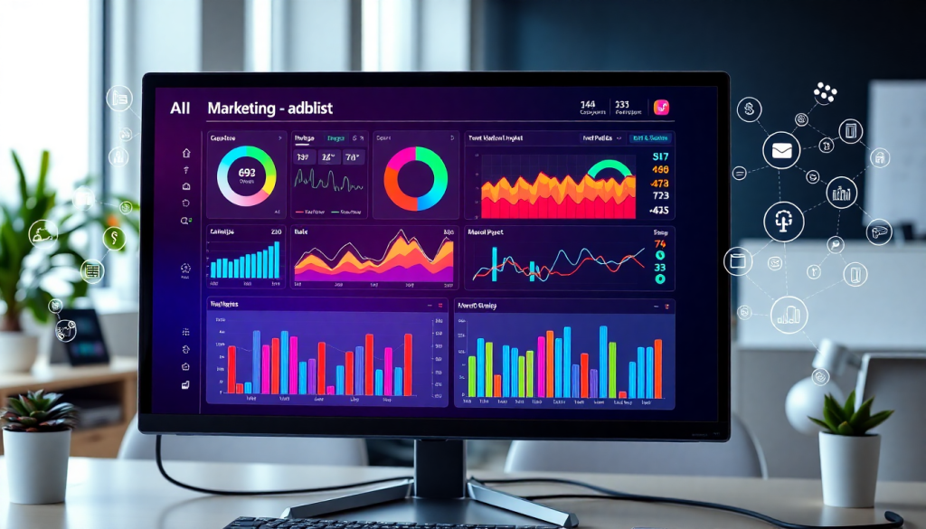 Automated KPI reporting dashboard displaying marketing metrics with charts and graphs, illustrating real-time performance and data-driven insights.