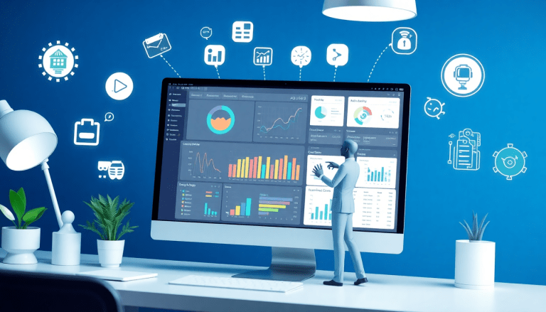Marketing dashboard automation showcasing analytics, performance reports, and cross-channel insights on a digital screen with iconography for reporting automation.