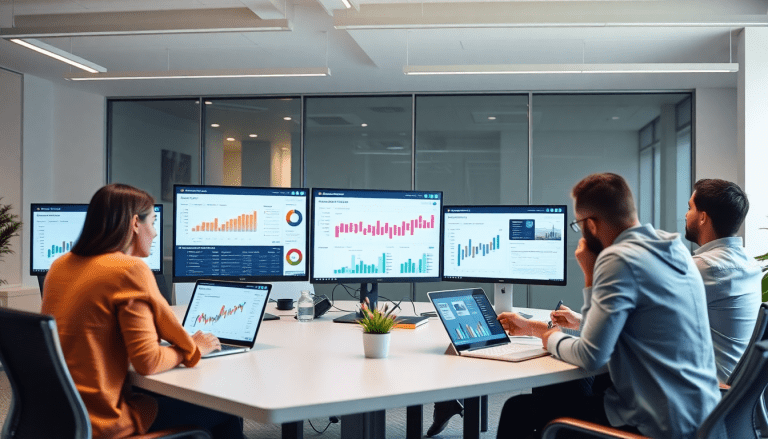 Team analyzing data on multiple screens showcasing NinjaCat alternative tools, including reporting software for agencies and client dashboard platforms.