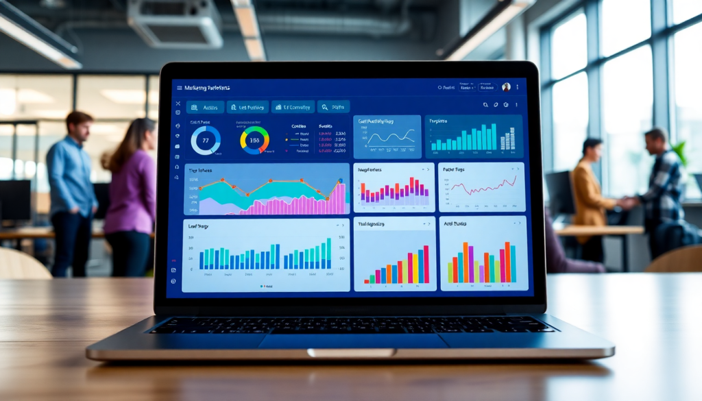 Laptop displaying AI data visualization tool for marketing teams, featuring marketing analytics automation, AI reporting assistant, and automated dashboard creation for cross-channel performance tracking and client analytics automation.