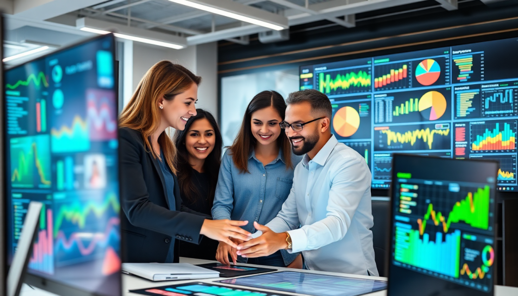 Marketing team using an AI data visualization tool for automated dashboard creation and cross-channel performance tracking, enhancing marketing analytics automation and campaign performance insights.