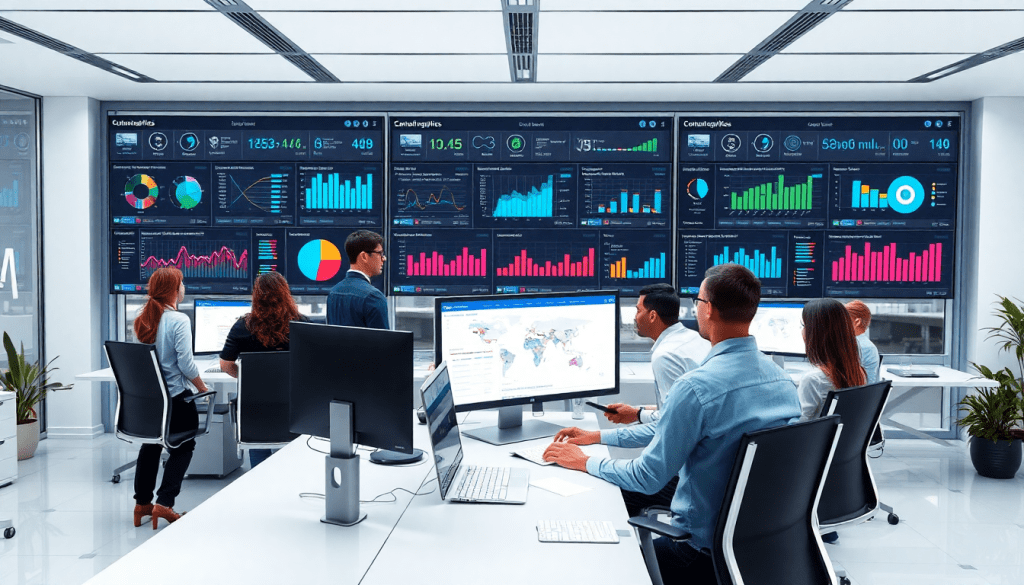 Busy office with professionals using client dashboard platform for automated marketing reports and agency reporting automation, featuring advanced cross-channel reporting tools and campaign performance tracking on large screens.