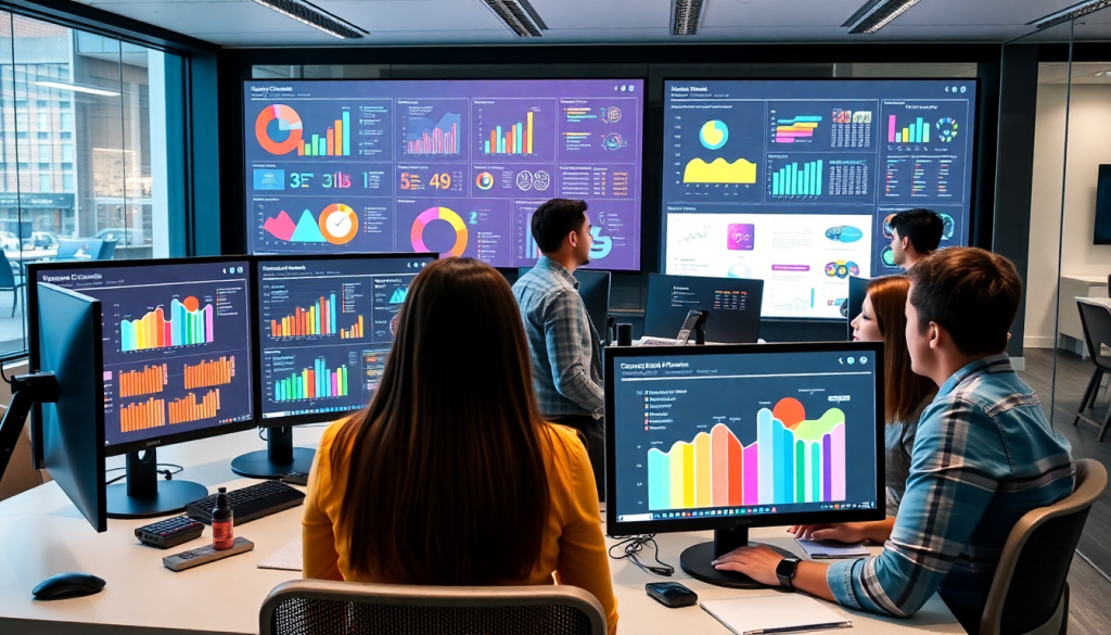A marketing team collaborates using an AI data visualization tool with AI-powered dashboards, enabling automated marketing analytics, cross-channel visualization, and real-time marketing metrics for comprehensive campaign performance insights and interactive data reports.