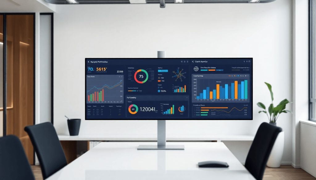 White-label marketing dashboard for agencies displayed on a large screen in an office setting, showcasing agency reporting platform with customizable client dashboards and automated data visualization.