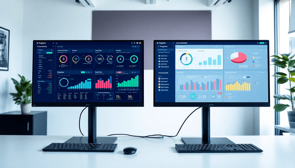 Dual monitors displaying marketing dashboard automation with analytics, performance reports, and cross-channel insights for agency reporting and KPIs.