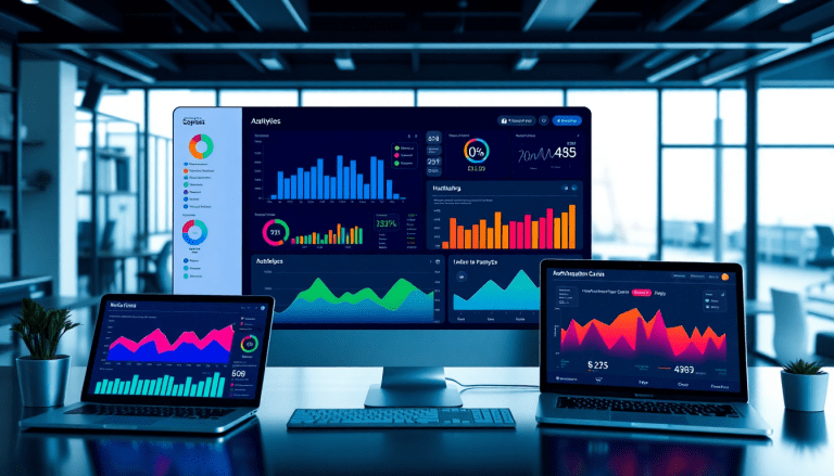 Multi-channel analytics dashboard displaying cross-channel marketing analytics and performance tracking, with vivid graphs for marketing data aggregation and campaign performance visualization, showcasing an integrated marketing metrics and ROI tracking dashboard.