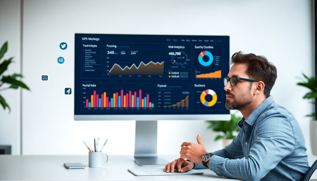 Digital marketing KPI dashboard showing marketing metrics visualization, performance tracking, and campaign KPI monitoring on a computer screen, with a person analyzing interactive performance metrics.