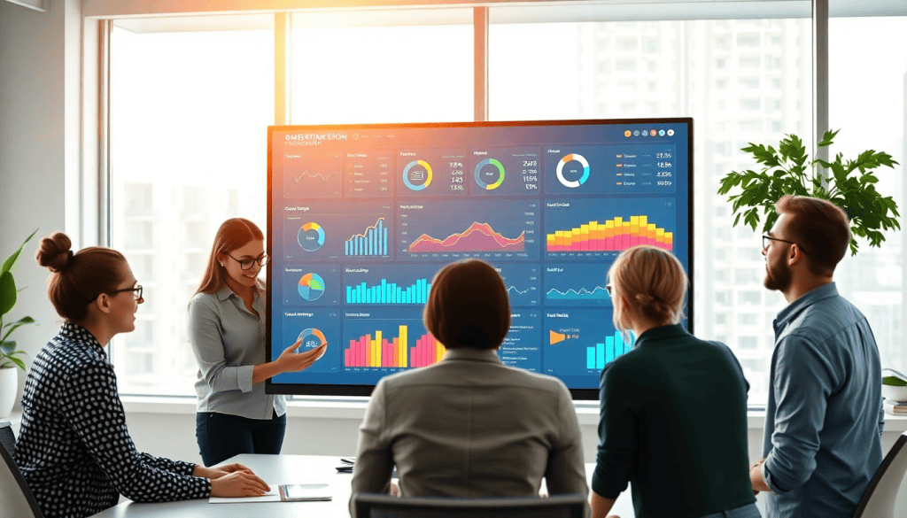 Marketing team discussing a multi-channel analytics dashboard with performance tracking and campaign performance visualization for omnichannel analytics solutions.
