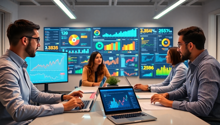 Marketing team using AI data visualization tool for automated dashboard creation and cross-channel performance tracking, featuring marketing analytics automation and campaign performance insights, supported by TapClicks AI platform and ROI tracking dashboard.