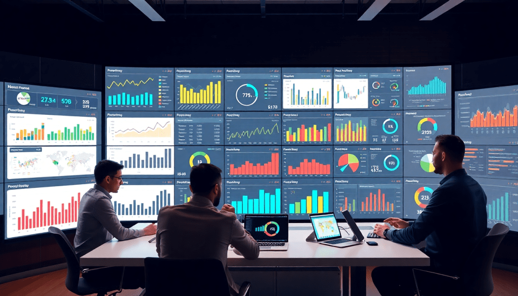 Best marketing reporting software showcasing a marketing analytics dashboard with automated performance reports, agency reporting automation, client dashboard insights, and cross-channel analytics displayed on multiple screens in a conference room setting.