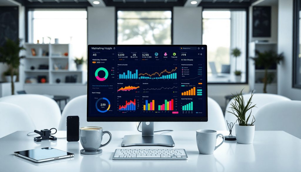 Digital marketing KPI dashboard showing marketing metrics visualization, performance tracking, campaign KPI monitoring, automated reports, cross-channel analytics, ROI tracking, and digital campaign insights.
