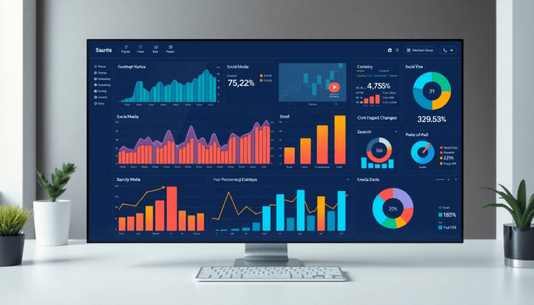 Multi-channel analytics dashboard displaying cross-channel marketing analytics and performance tracking, featuring marketing data aggregation, campaign performance visualization, and ROI tracking with integrated marketing metrics.
