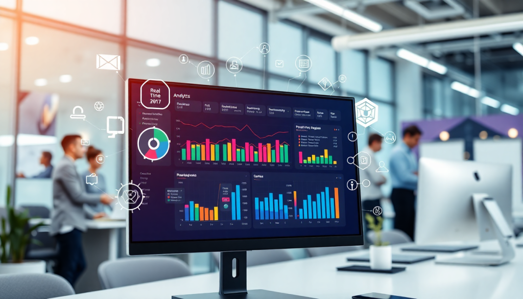 Automated KPI reporting dashboard showcasing marketing KPI automation, real-time performance metrics, AI analytics, and cross-channel performance insights in a modern office.