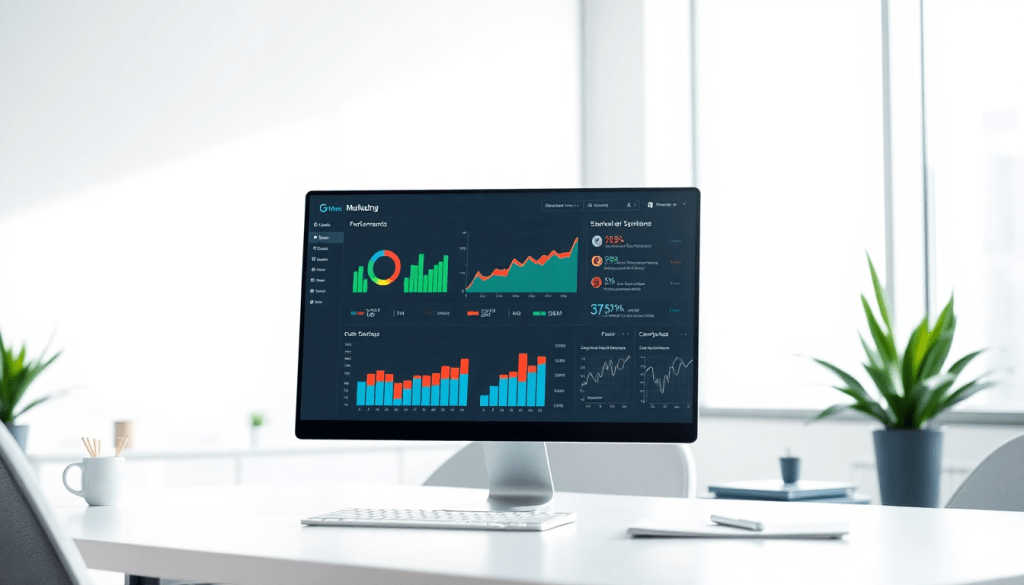 Digital marketing KPI dashboard showcasing marketing metrics visualization, performance tracking, and interactive campaign KPI monitoring on a computer screen in a modern office setting.